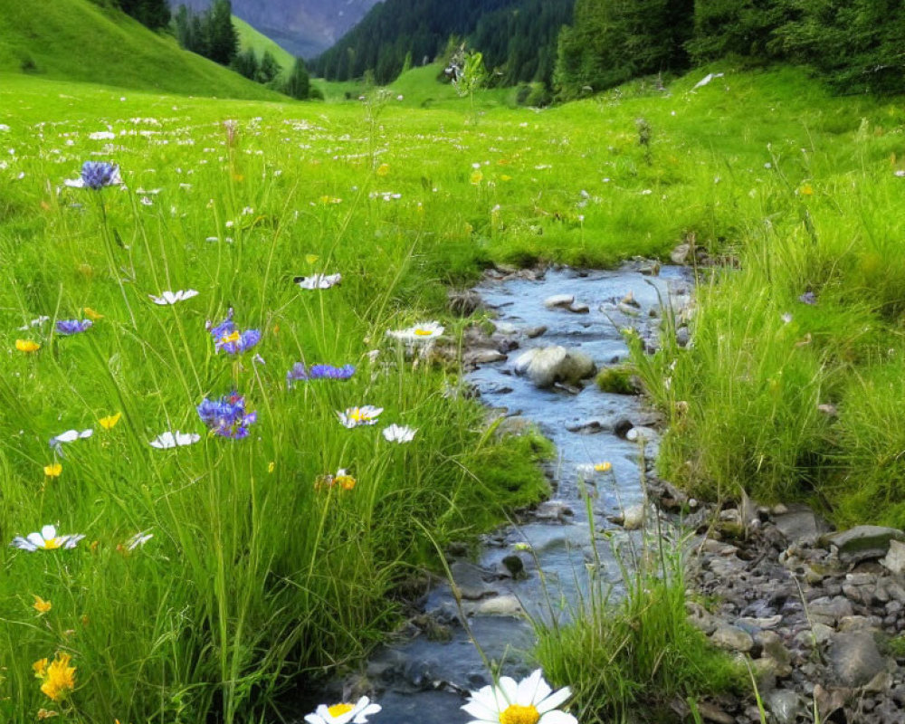 Colorful Wildflowers in Alpine Meadow with Stream and Forested Mountains