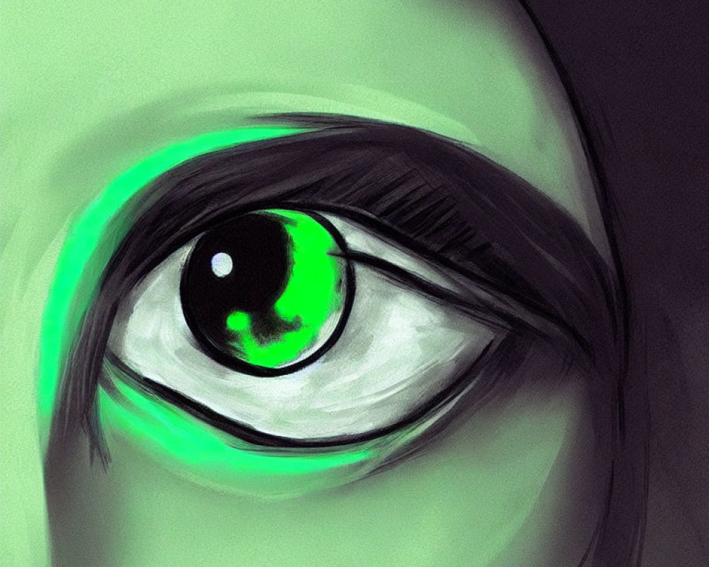 Detailed stylized drawing of a glowing green eye on murky green backdrop