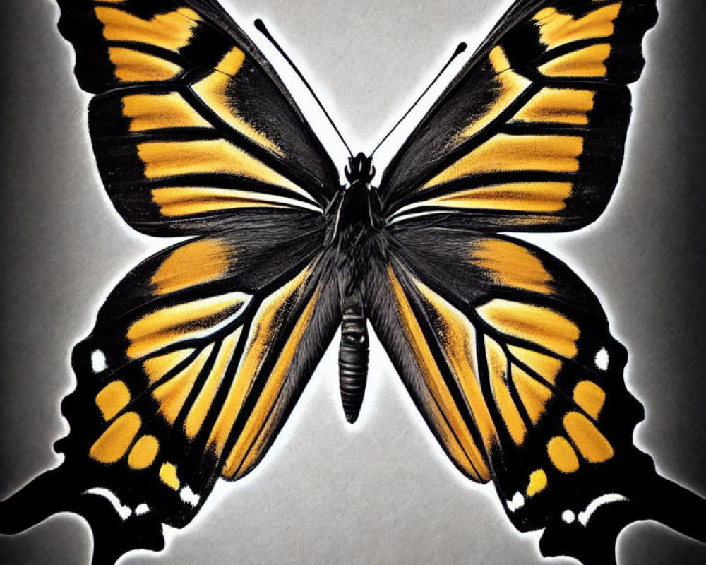 Symmetrical orange and black butterfly on gray background