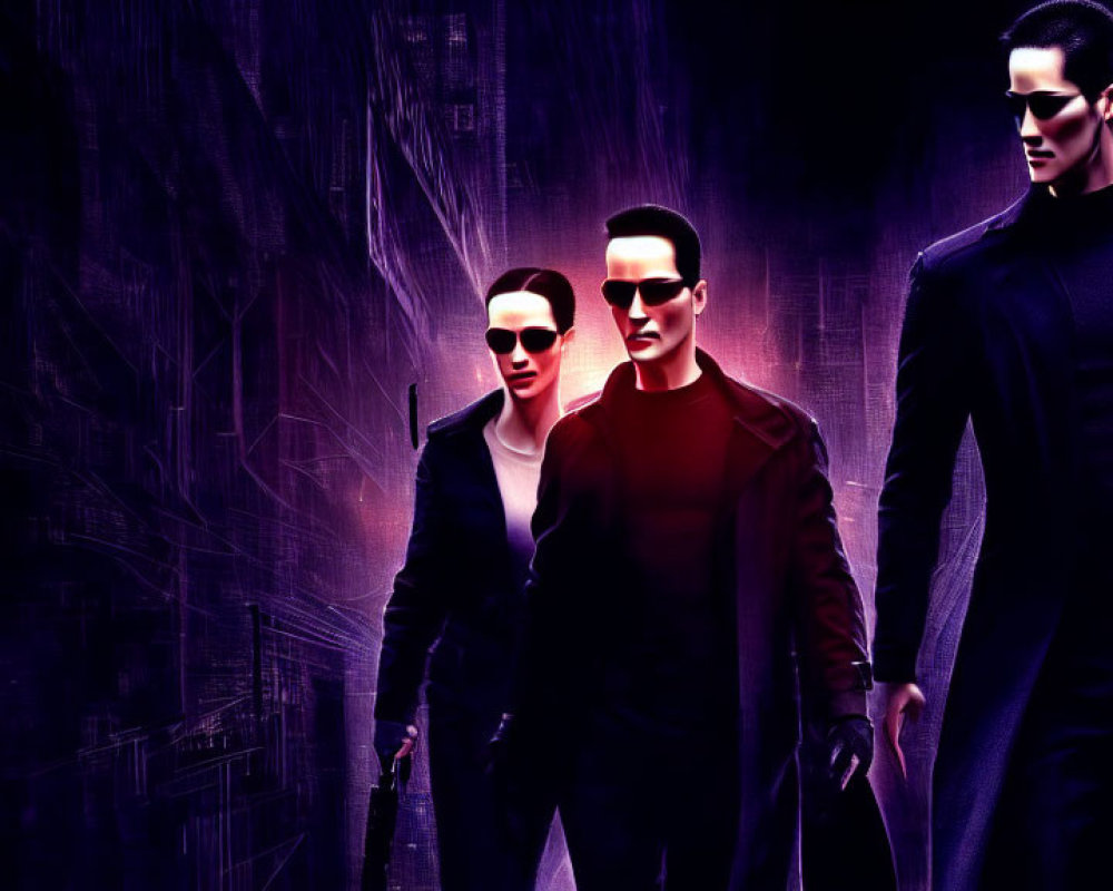 Three stylish characters in sunglasses against a digital purple backdrop