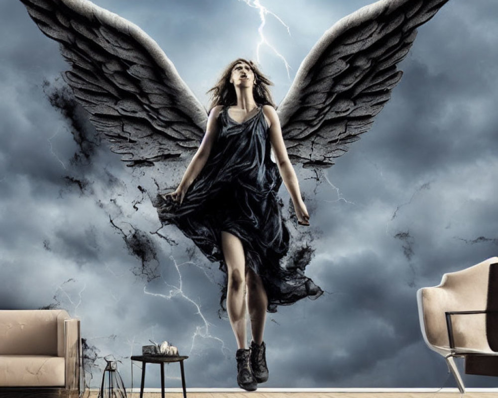Woman with Large Wings Floating Above Stormy Sky Background