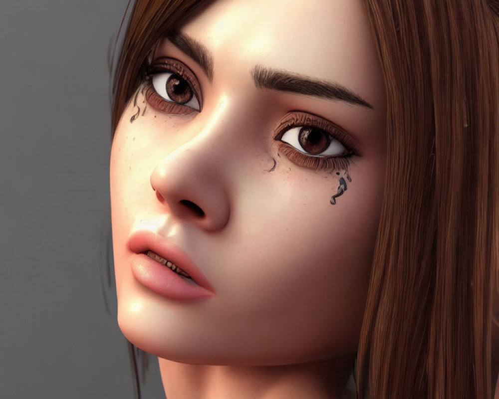 Detailed 3D-rendered female face with brown hair and teardrop tattoos