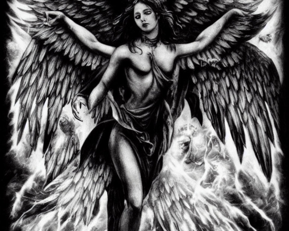 Monochrome drawing of mystical angel with large wings and draped cloth
