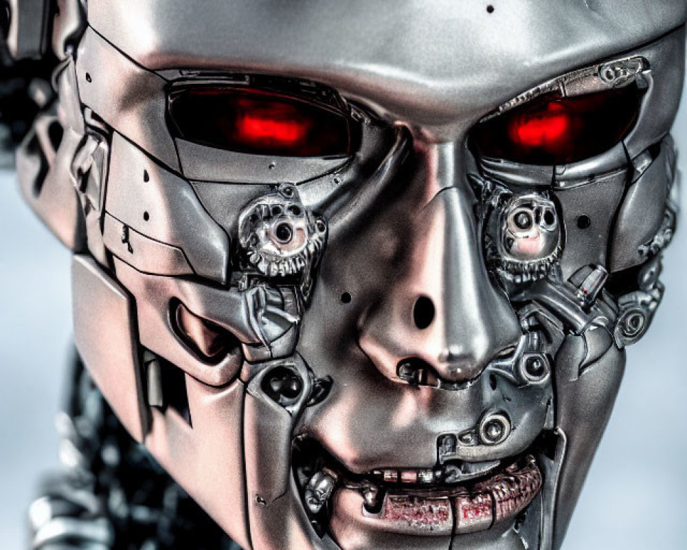Detailed Robotic Face with Red Eyes and Exposed Mechanical Parts