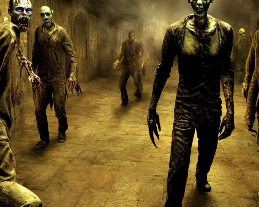 Grotesque zombies in dimly lit corridor with bloody hands