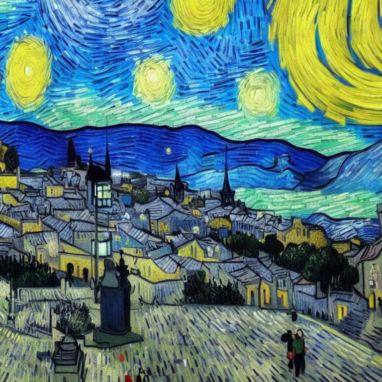 Starry Night Painting: Crescent Moon Over Sleepy Town