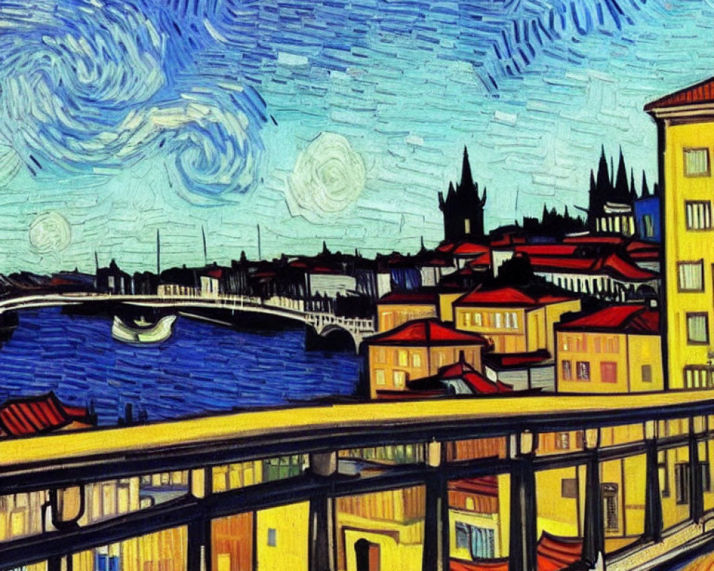 Townscape with Swirling Blue Skies, Stars, and Bridge in Post-Impressionist Style