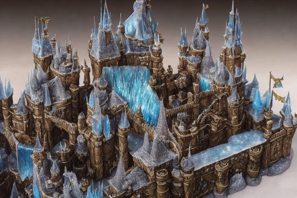 Majestic fantasy ice castle with spires, banners, waterfalls, and stone walls