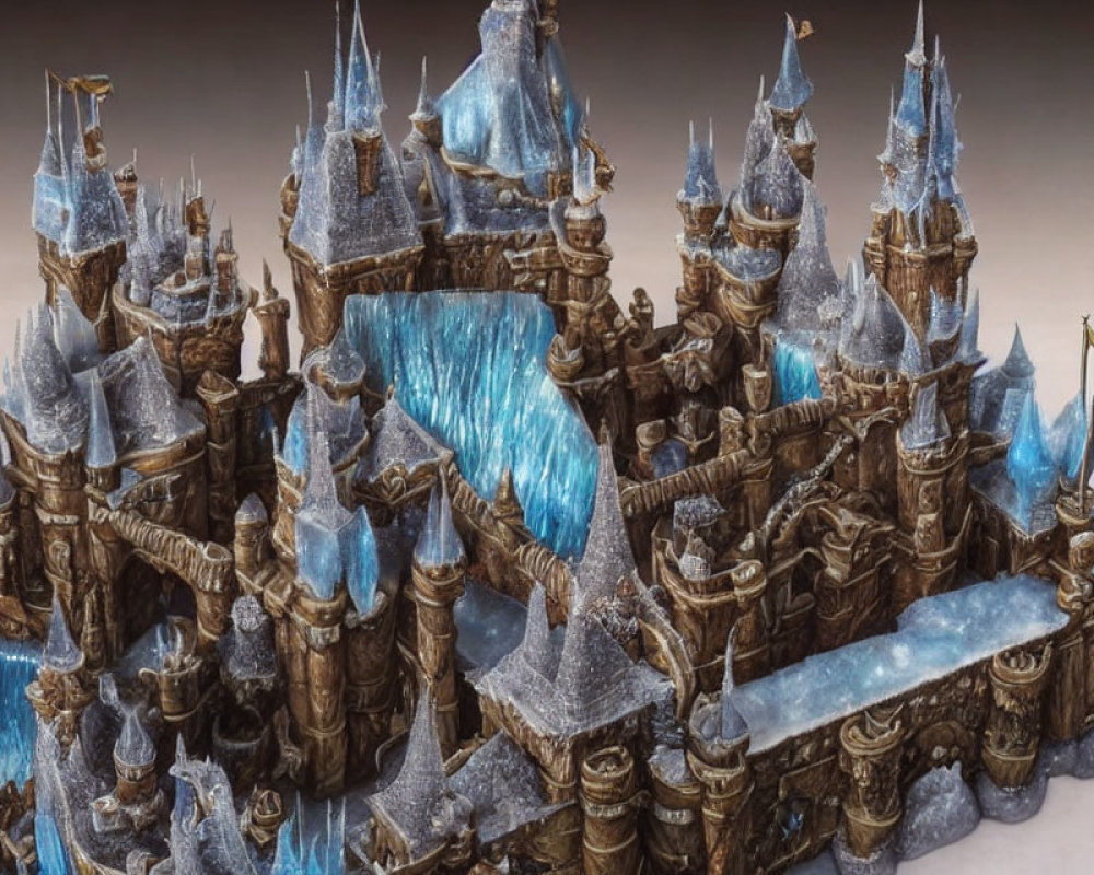 Majestic fantasy ice castle with spires, banners, waterfalls, and stone walls