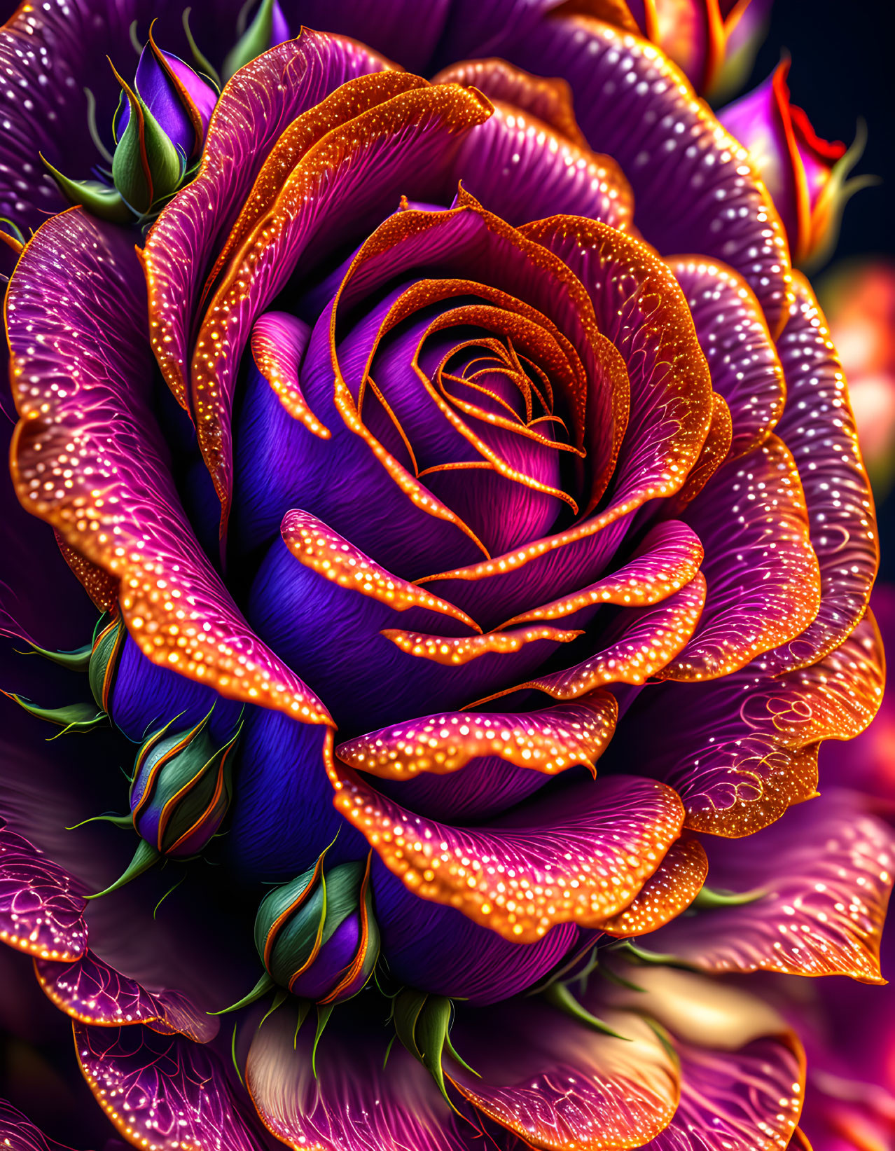 Detailed digital artwork: Fantasy rose with neon outlines and glowing petals