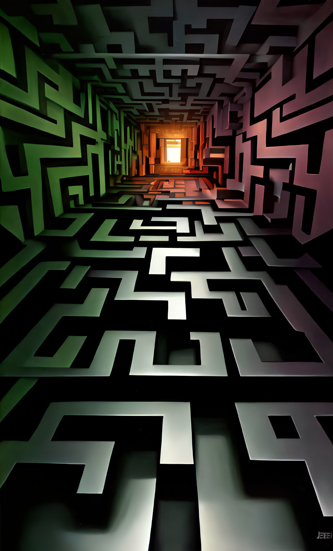 High-contrast 3D-rendered maze with glowing exit
