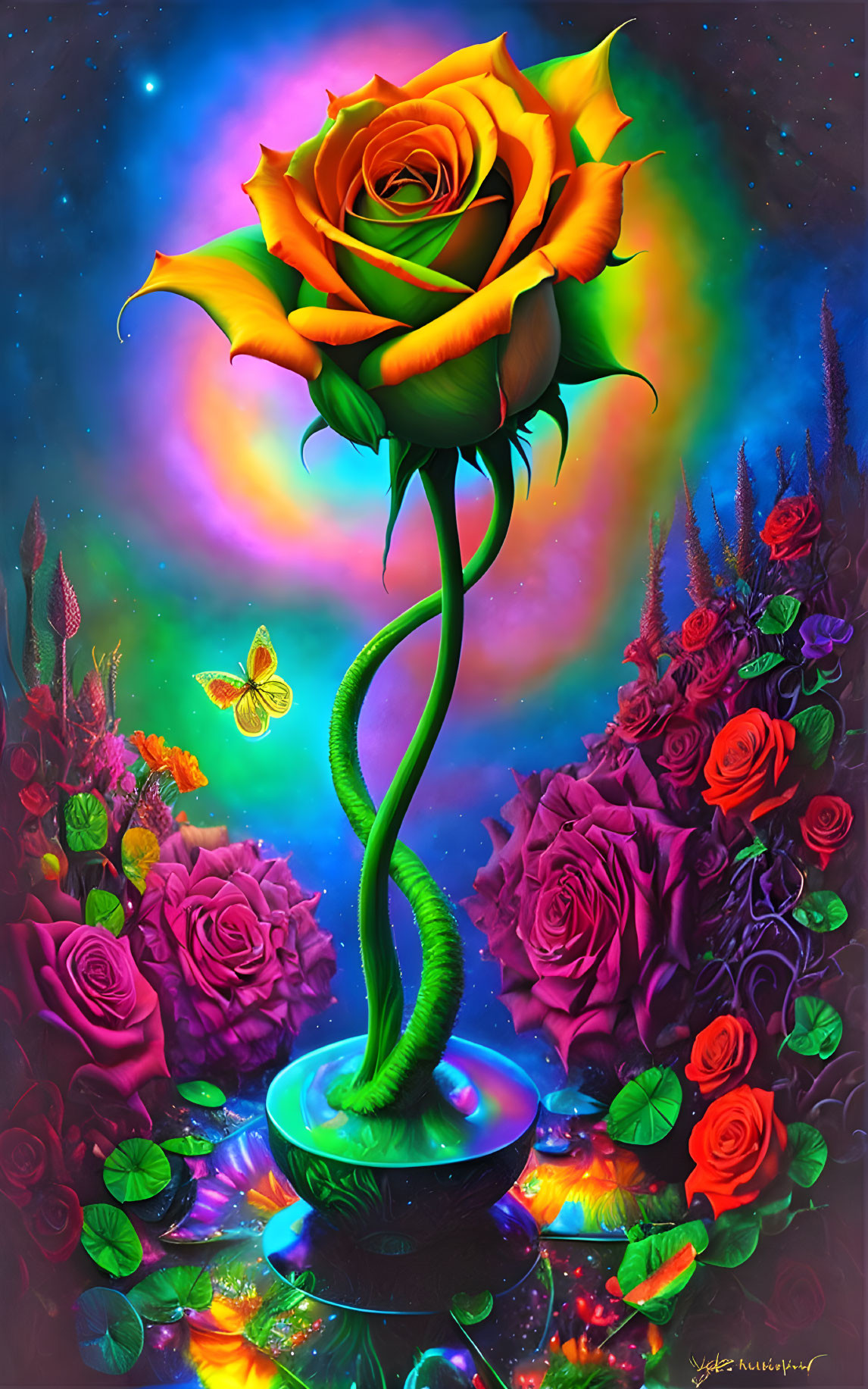 Colorful artwork: Giant yellow rose, multicolored roses, butterfly, cosmic background
