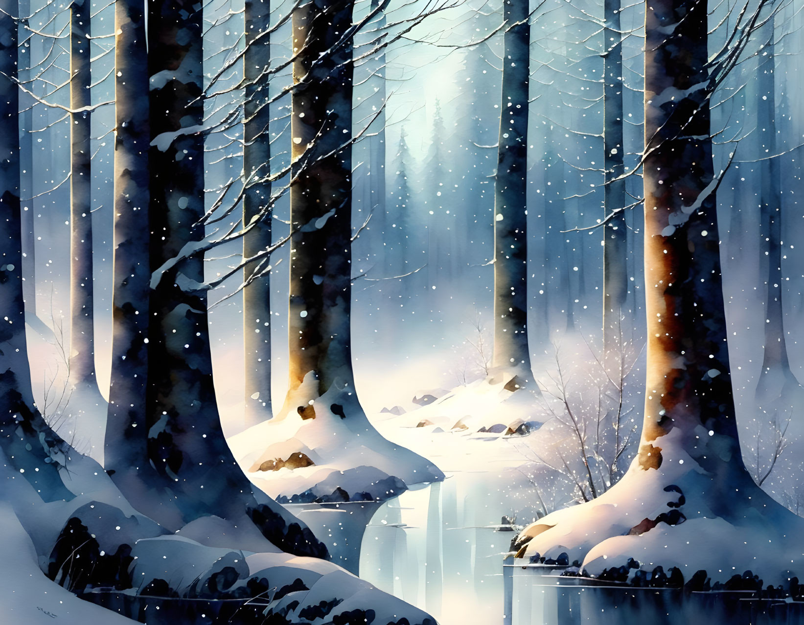 Tranquil Winter Forest with Snowfall and Stream