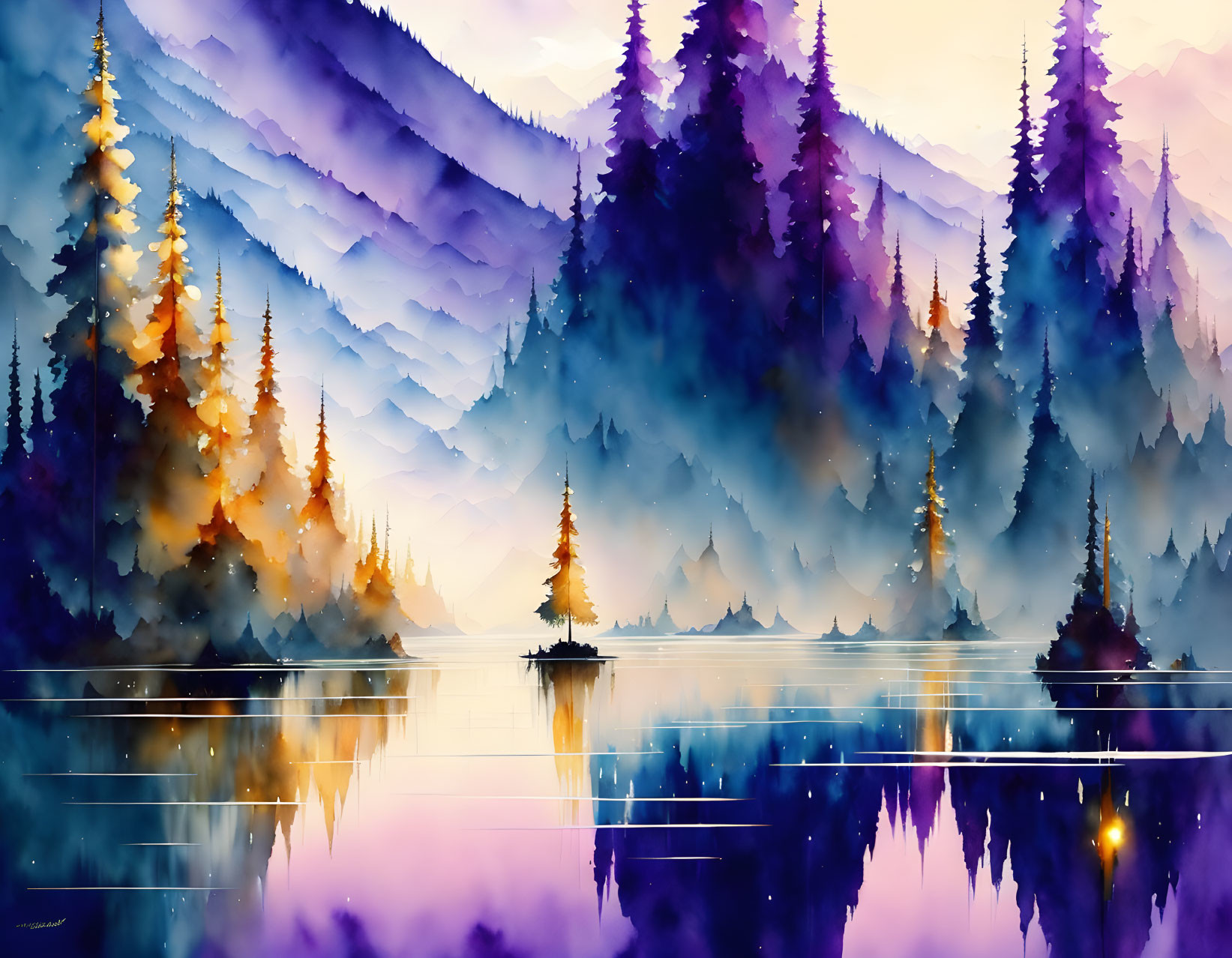 Colorful Watercolor Mountain Landscape Reflection in Lake