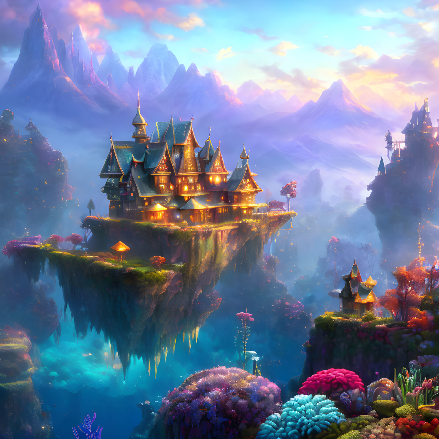 Majestic castle on floating island in fantastical landscape