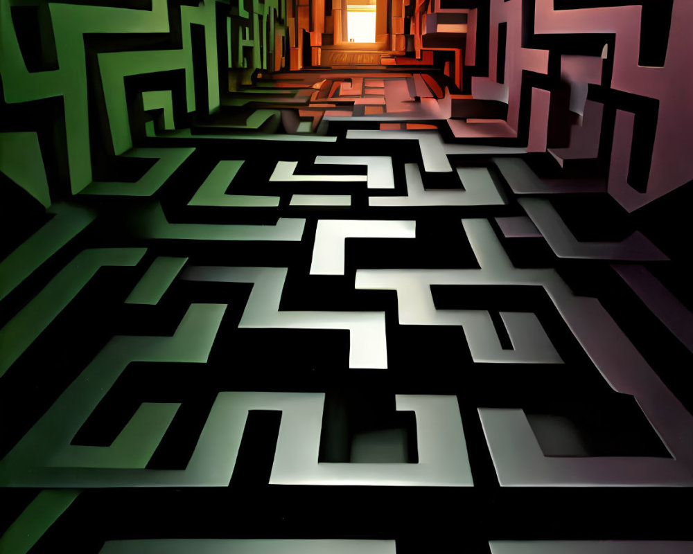 High-contrast 3D-rendered maze with glowing exit