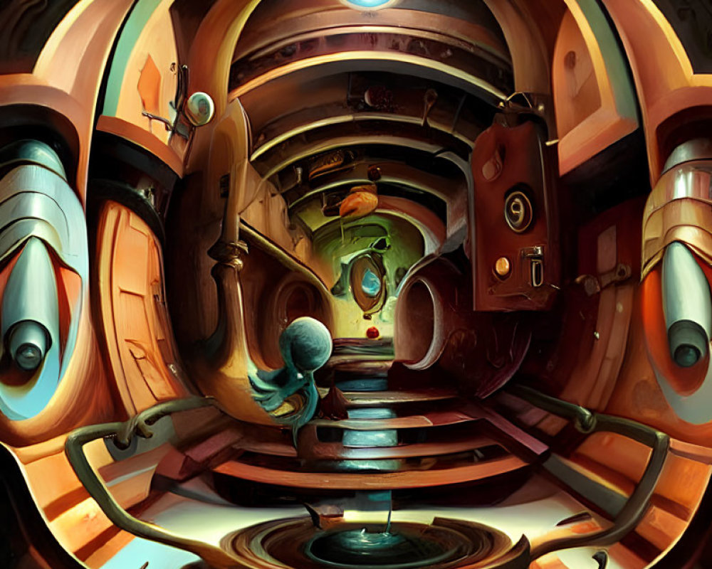 Surreal circular room with fisheye lens view and central figure reaching for orb