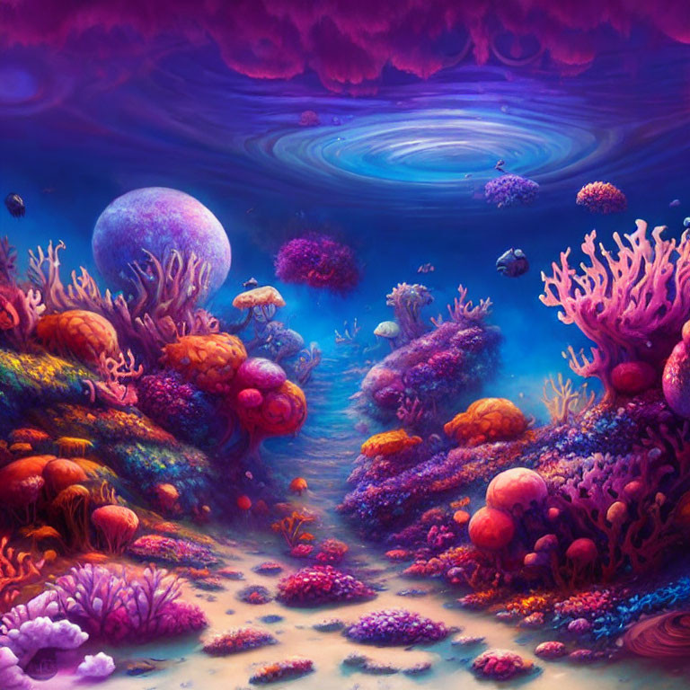 Colorful Coral and Fish in Underwater Scene with Mystical Portal and Planets