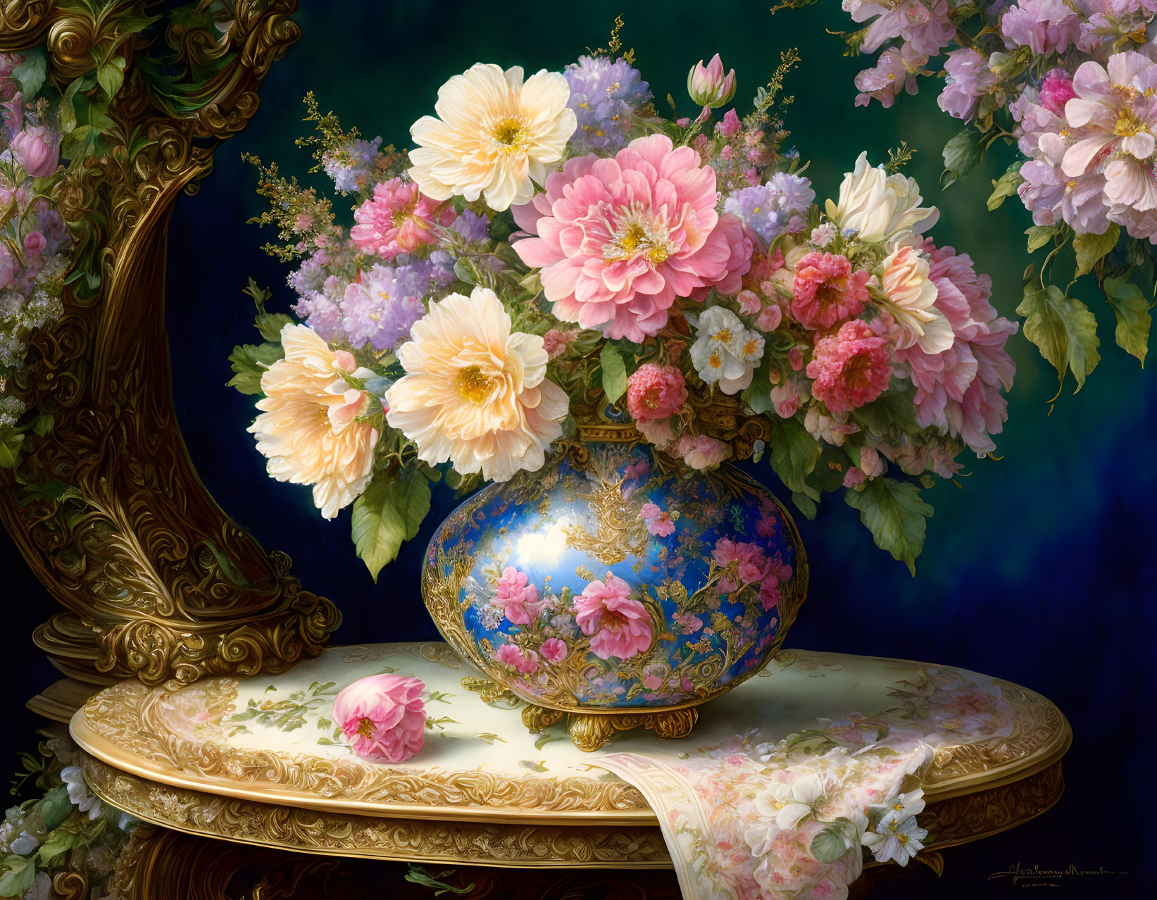 Intricate still life: Pink flowers in blue vase on floral table