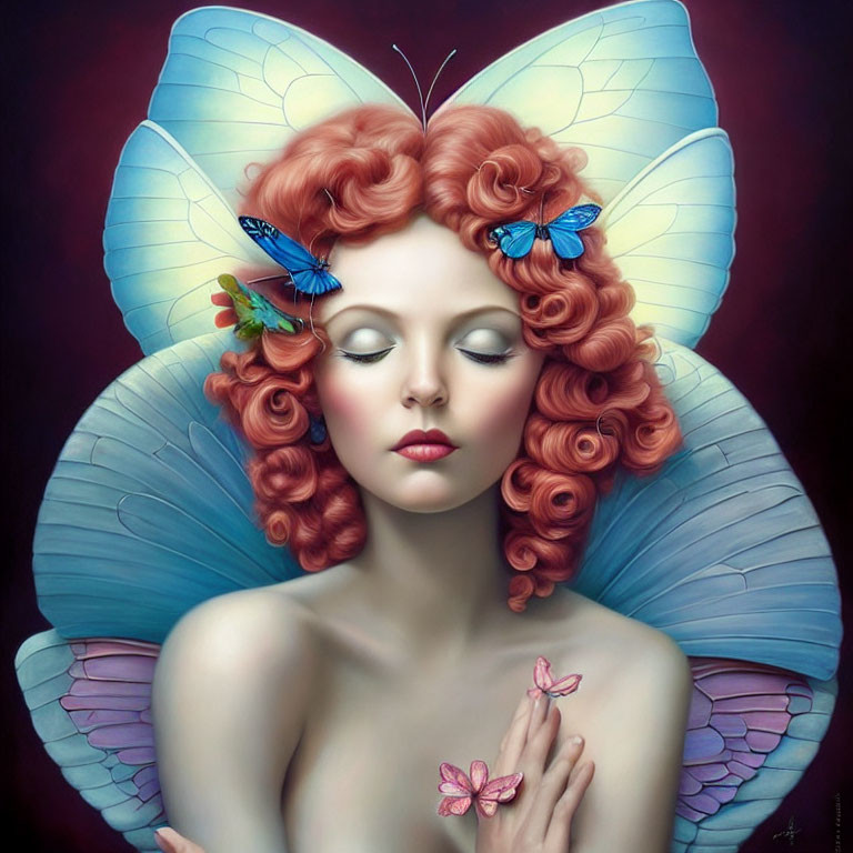 Person with Vibrant Butterfly Wings and Red Curly Hair in Serene Pose