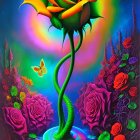 Colorful artwork: Giant yellow rose, multicolored roses, butterfly, cosmic background