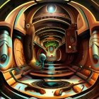 Surreal circular room with fisheye lens view and central figure reaching for orb
