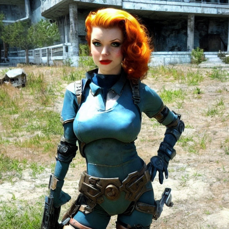 Vibrant red-haired woman in futuristic blue suit with gun holster in desolate landscape