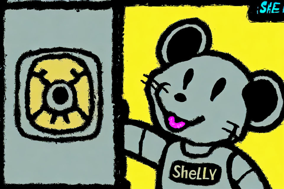 Cartoon mouse named Shelly taking a selfie with phone on yellow background