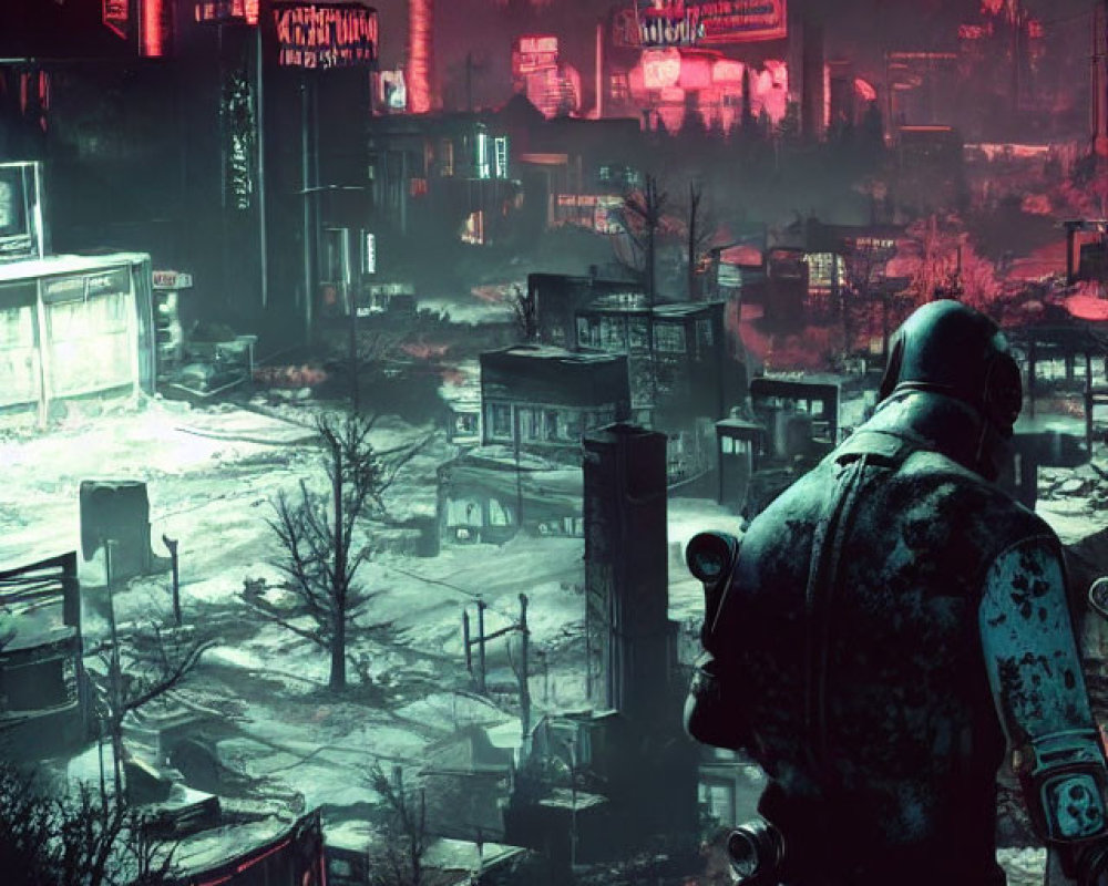 Combat suit figure observes neon-lit dystopian cityscape at night