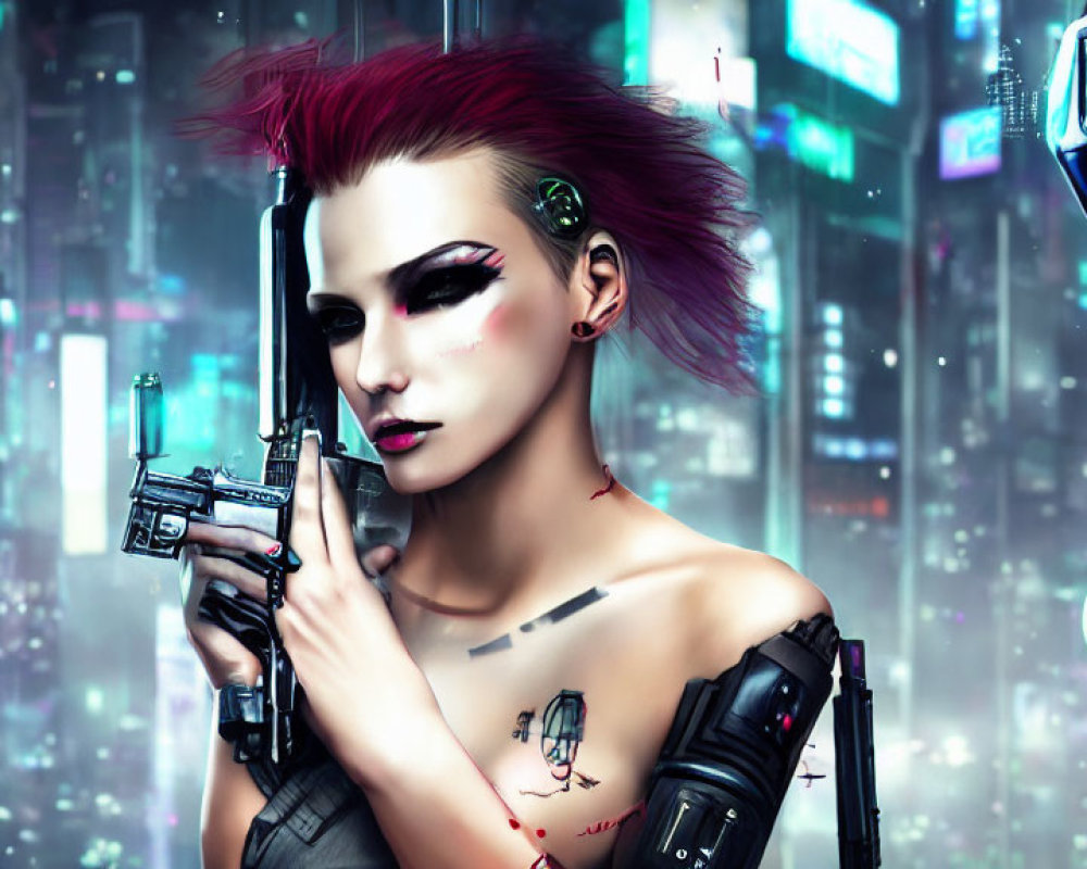 Futuristic digital artwork of two women with cybernetic enhancements and guns in neon cityscape