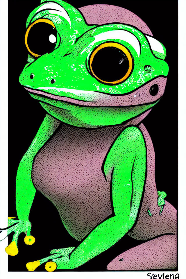 Whimsical frog illustration with big yellow eyes