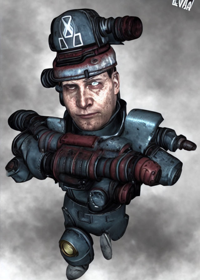 Futuristic digital artwork of man in industrial worker costume