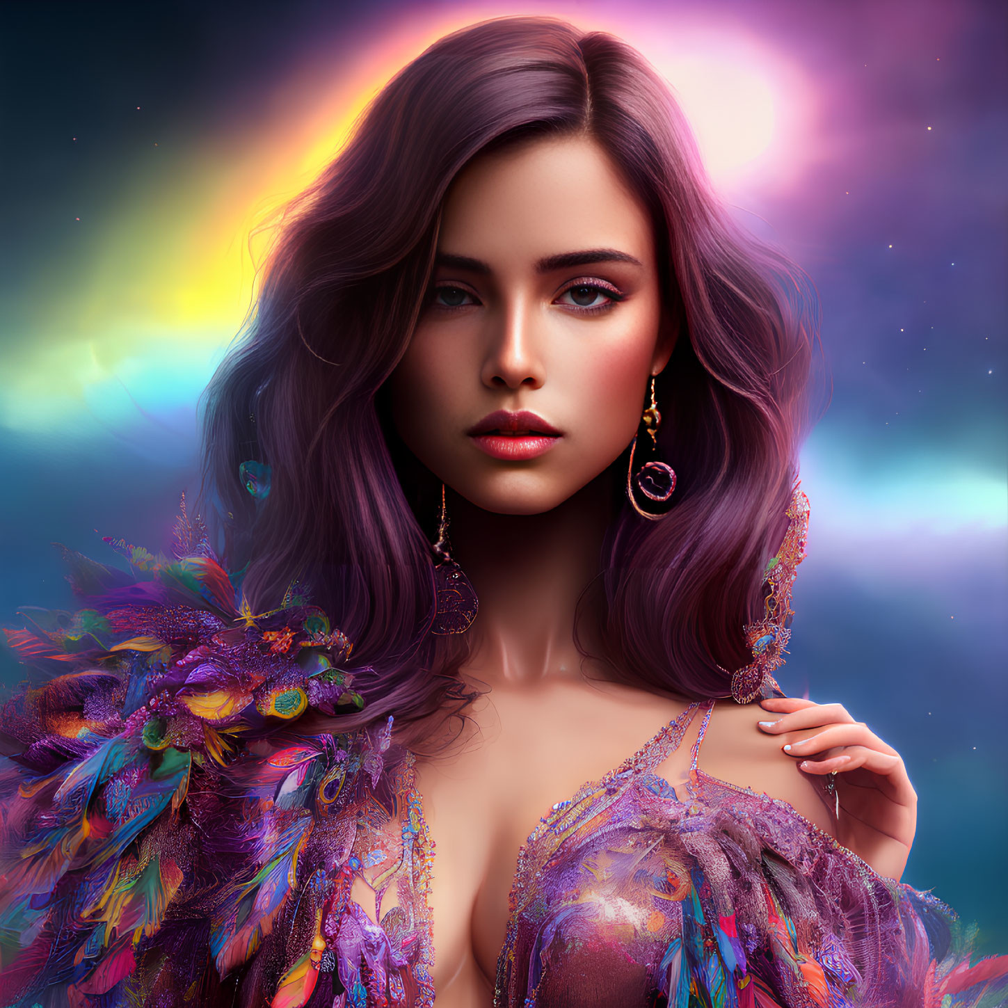 Violet-haired woman in sparkling, feather attire on cosmic backdrop