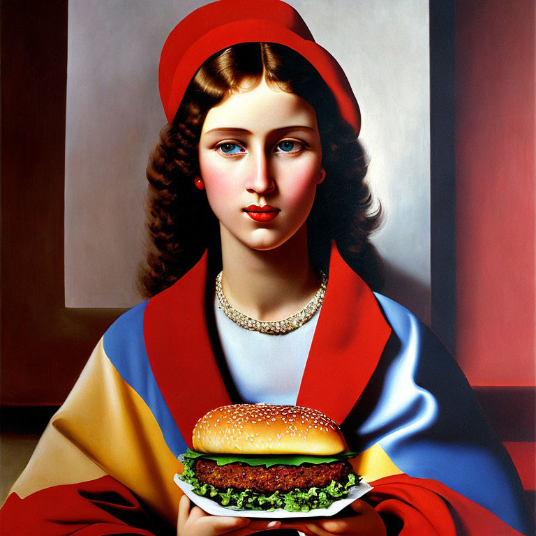 Vibrant painting of woman with red hat and blue eyes holding hamburger