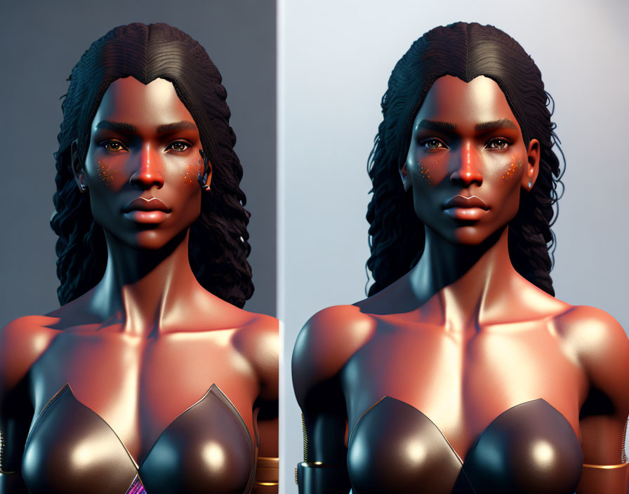 3D Rendered Image: Dark-skinned woman with wavy hair, golden freckles,