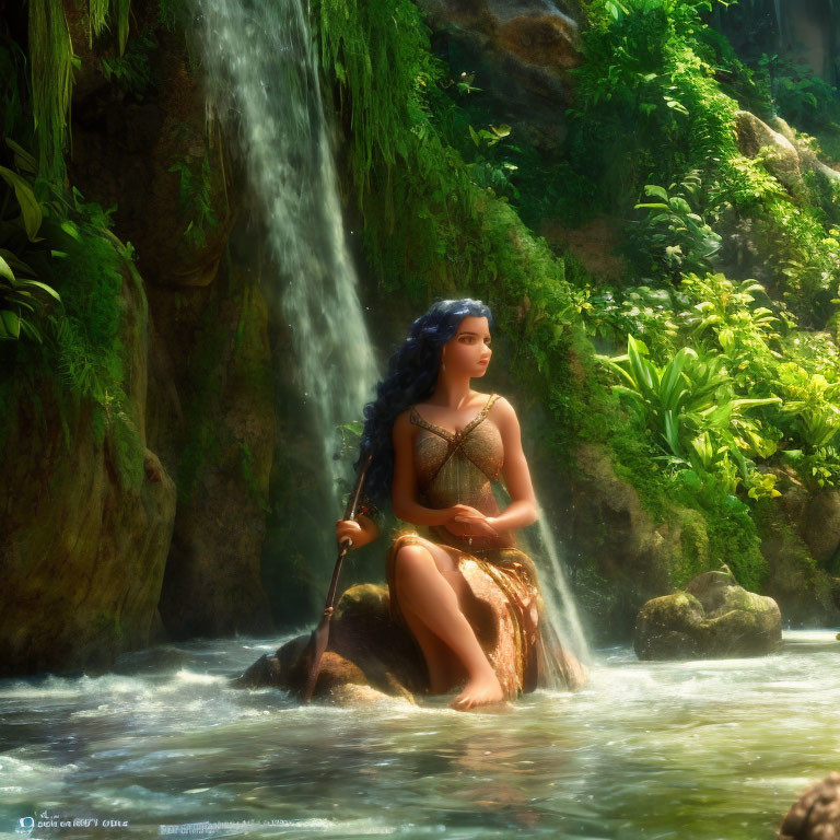 Animated young woman sitting by waterfall in lush greenery, holding staff