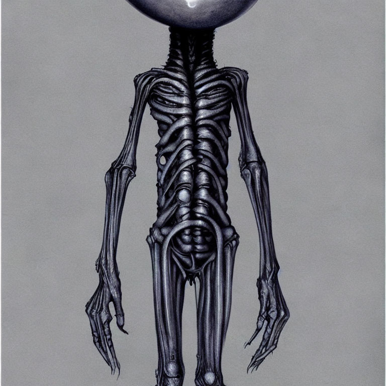 Skeleton with oversized dark sphere on head against gray background