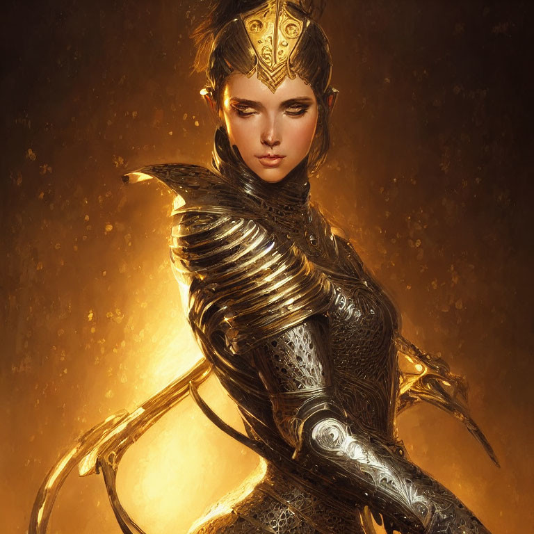 Female Warrior in Ornate Golden Armor Amidst Glowing Particles