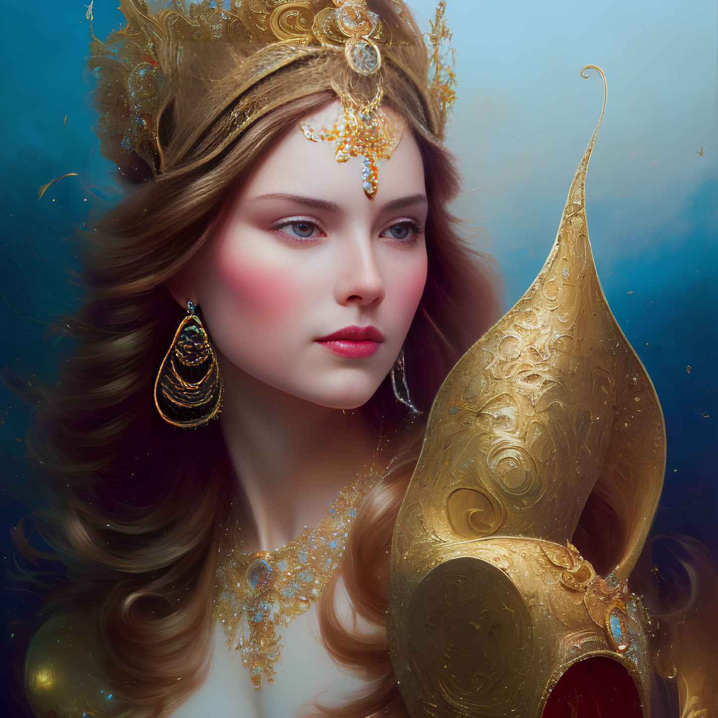 Golden-crowned woman with wavy hair and jewelry on blue background