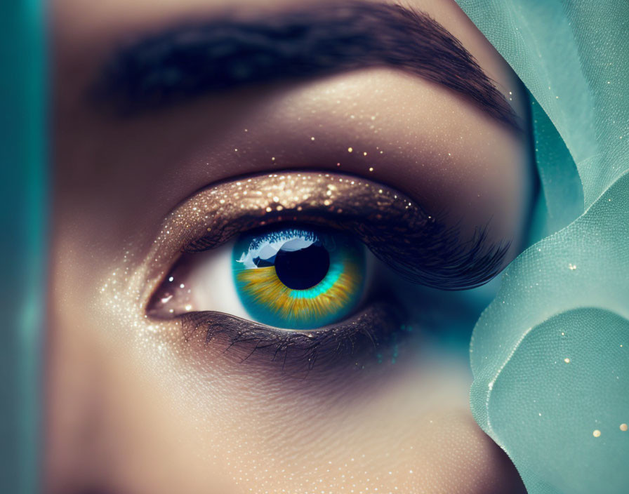 Detailed Close-Up of Blue and Green Eye with Glitter and Sheer Blue Fabric