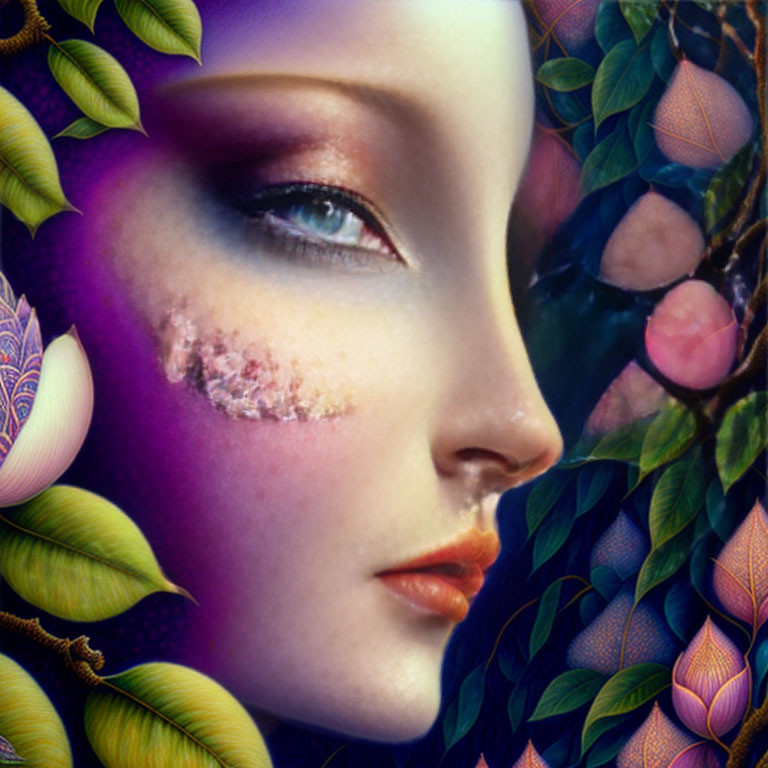 Woman's face with purple hue, intricate makeup, surrounded by leaves and flowers