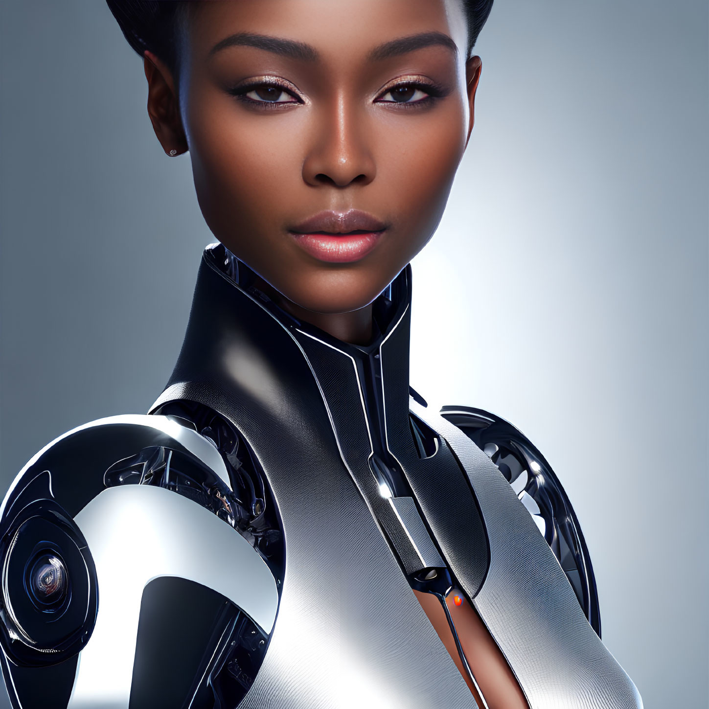 Photorealistic African woman depicted as cyborg with futuristic elements
