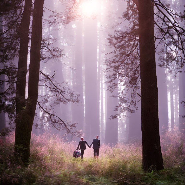 Misty forest scene with two people holding hands