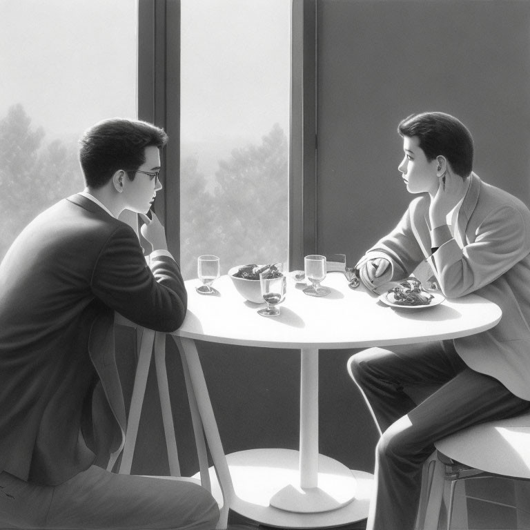 Two individuals in suits having a discussion at a round table near a window with drinks and snacks.