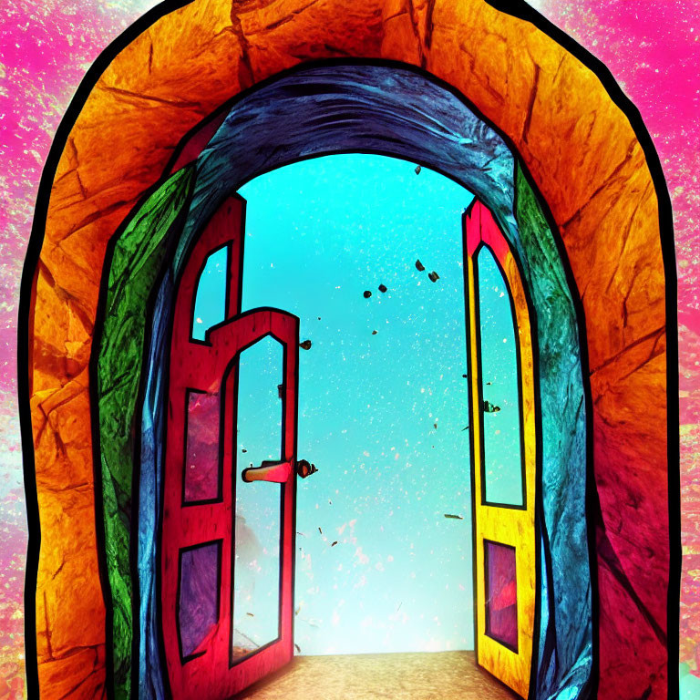 Colorful Illustration: Open Arched Doorway to Sky with Debris, Stone Frame
