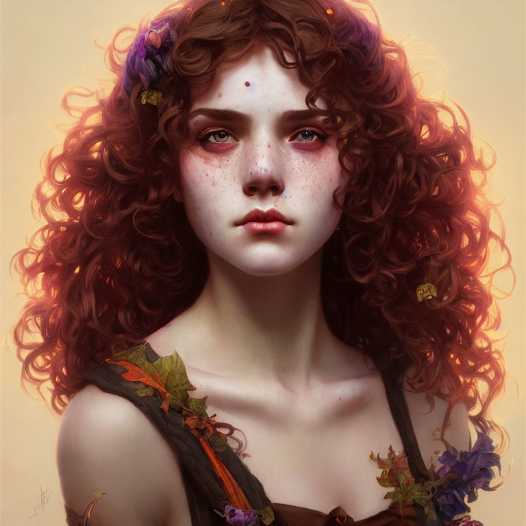 Young woman with red curly hair and freckles in digital portrait.