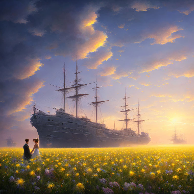 Romantic couple in glowing flower field with sailing ships at sunrise or sunset
