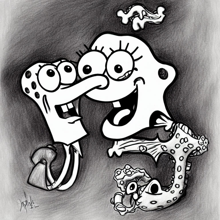 Exaggerated pencil sketch of SpongeBob and Squidward with whimsical expressions