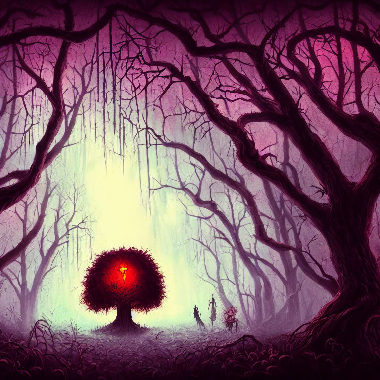 Twisted trees in eerie forest under purple sky with red glowing tree and silhouetted figures