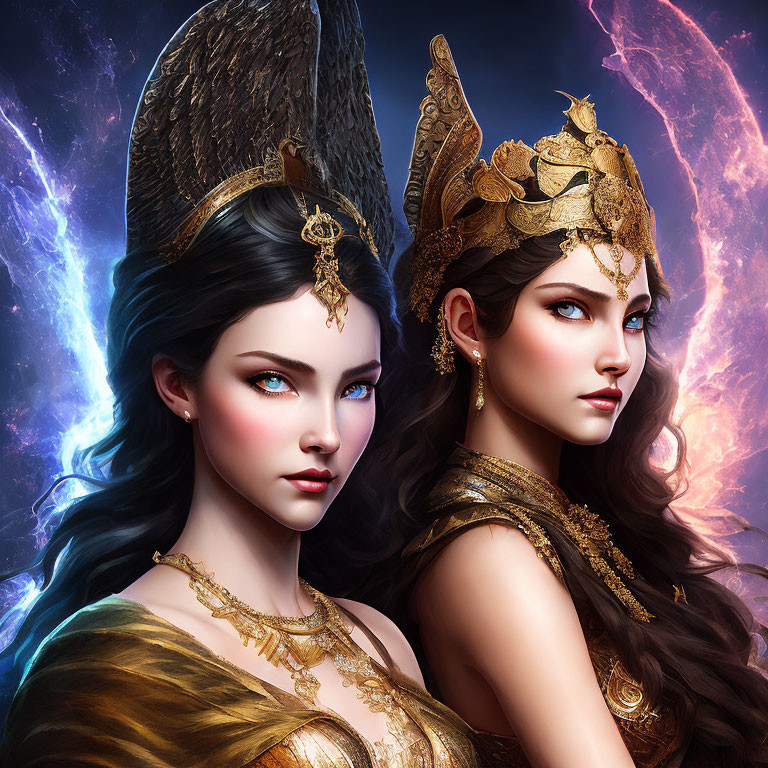 Fantasy Women with Golden Headdresses in Cosmic Lightning Background